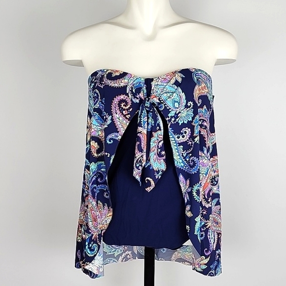 NWT CHRISTINA Medallion Navy Paisley Flyaway Bandeau One Piece Hip Minimize Sz 8 - Picture 6 of 16